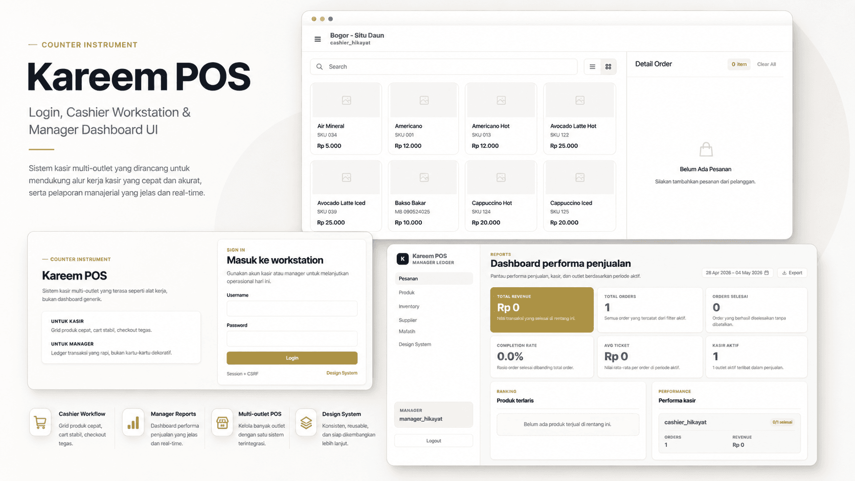 Kareem POS cashier workstation and manager dashboard UI