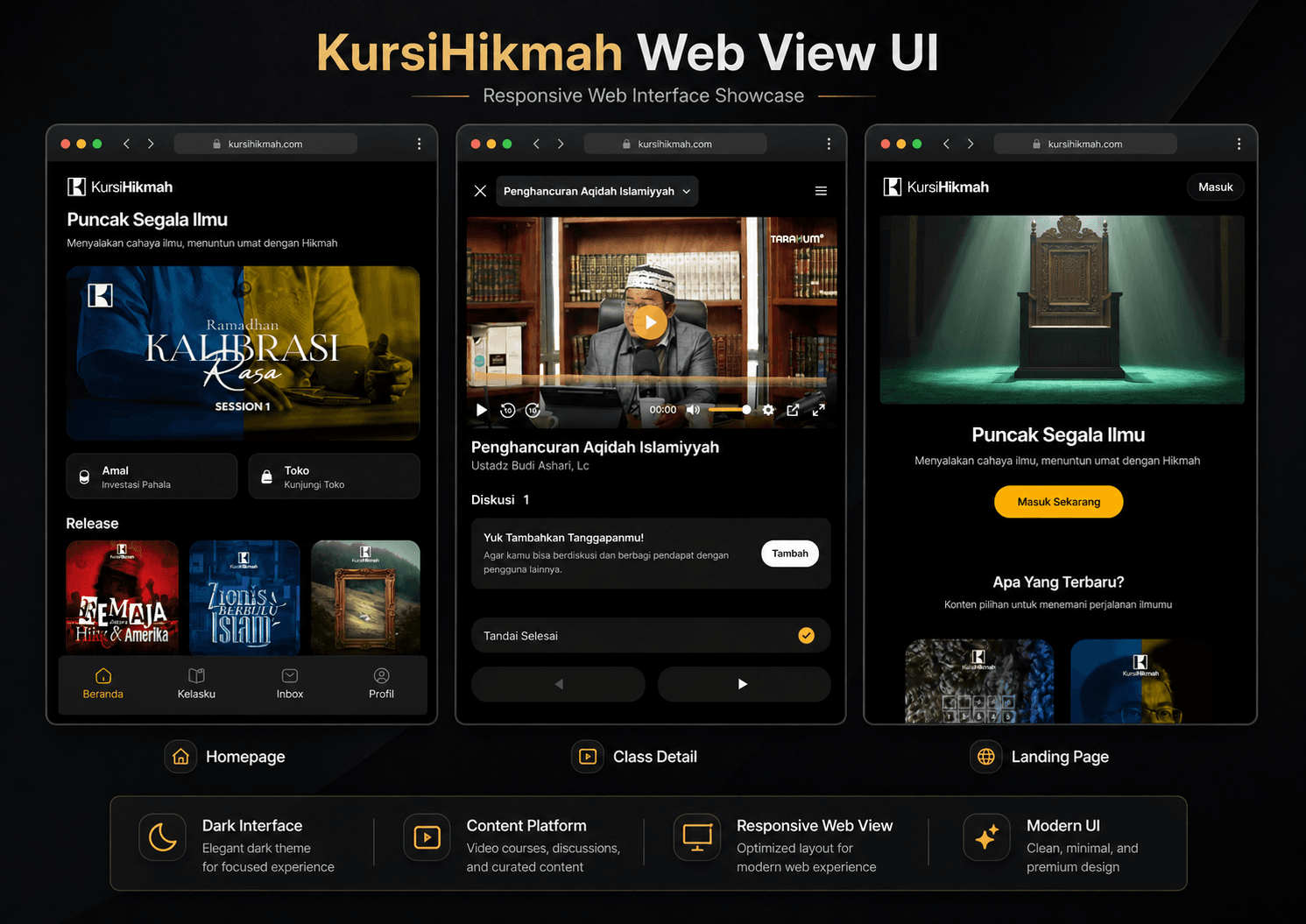 Kursi Hikmah responsive web interface and class detail UI
