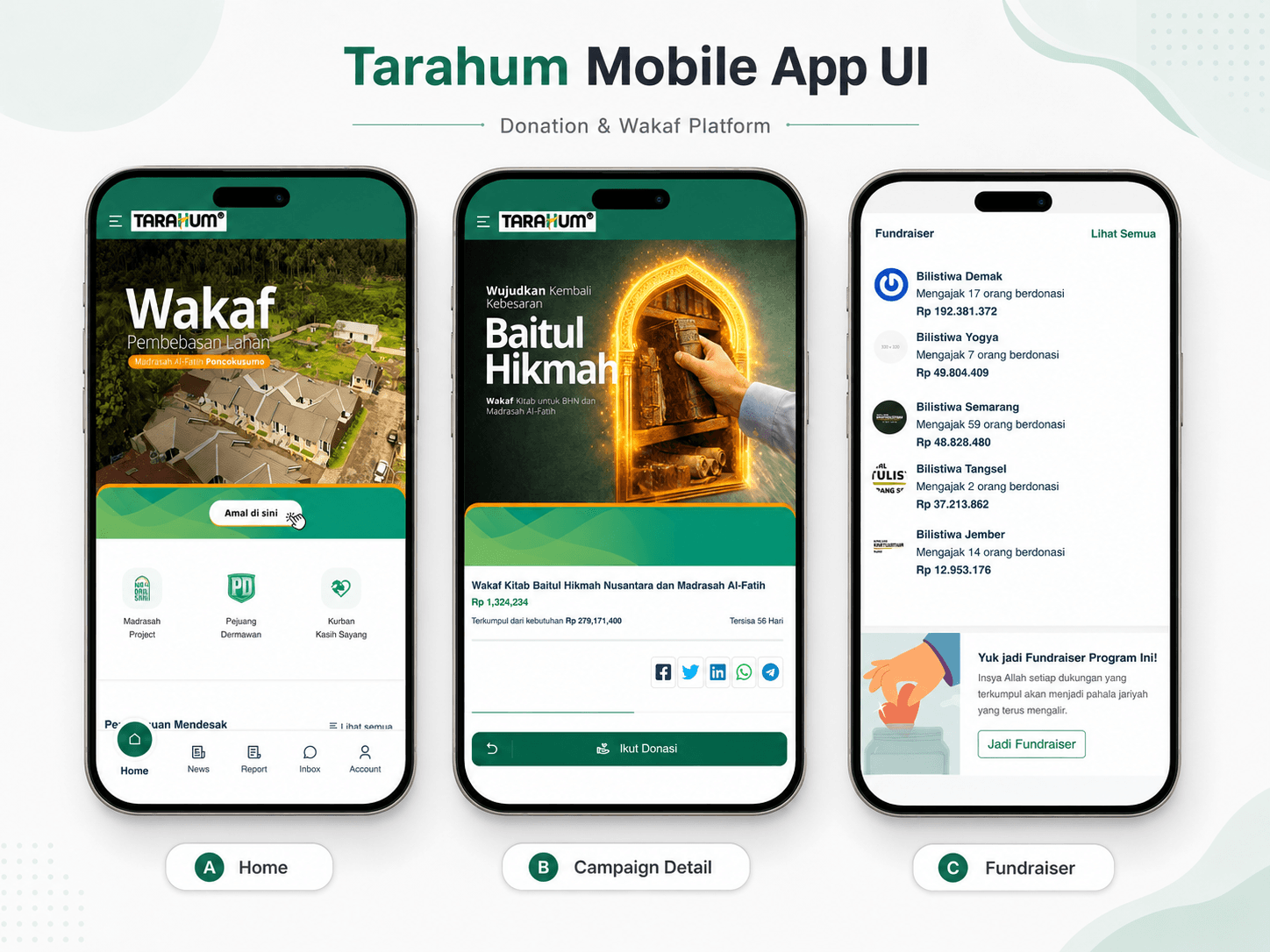 Tarahum mobile app UI for donation and wakaf campaigns